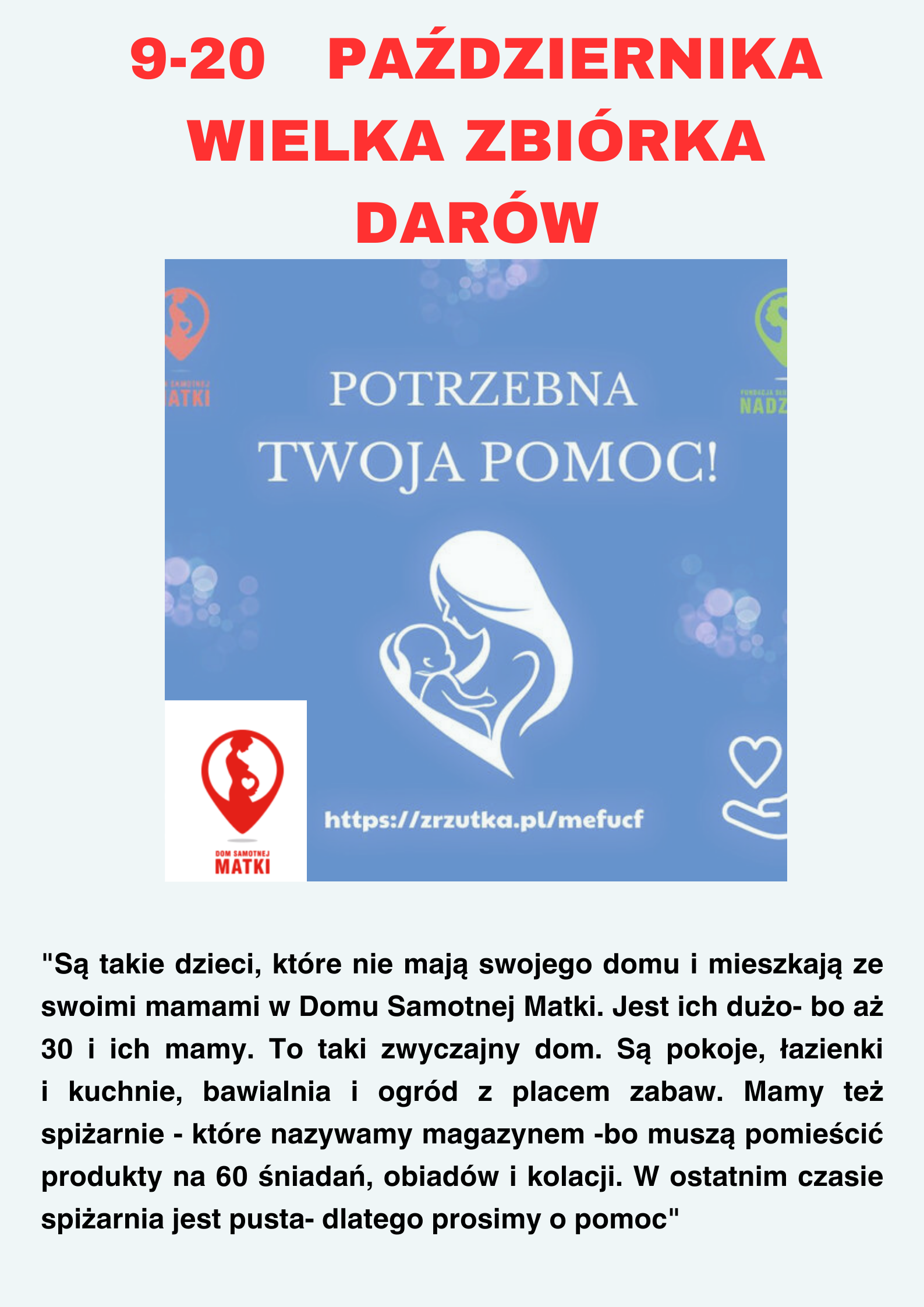 zbiórka darów na rzecz domu samotnej matki w łodzi