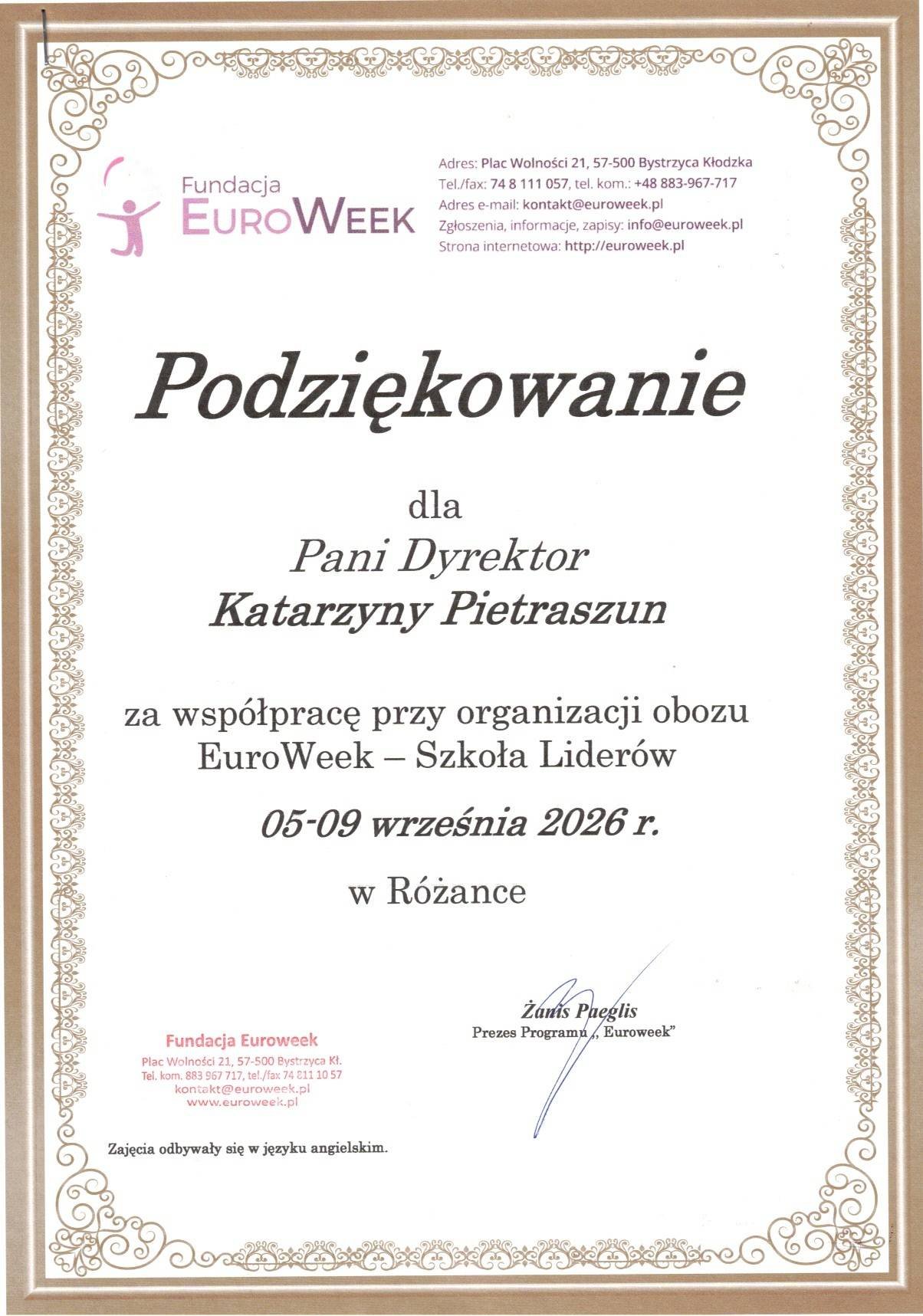 Podziękowanie dla Pani Dyrektor Katarzyny Pietraszun